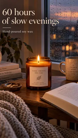 Lifestyle ad of a lit soy candle on a windowsill on a rainy evening, headline 60 hours of slow evenings
