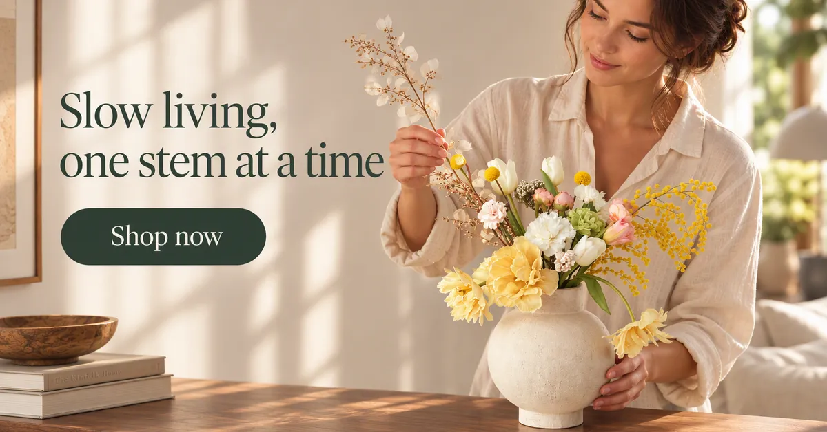 Anuncio de display horizontal de Google de una mujer arreglando flores amarillas en un jarrón de cerámica crema, titular Vivir sin prisa, tallo a tallo