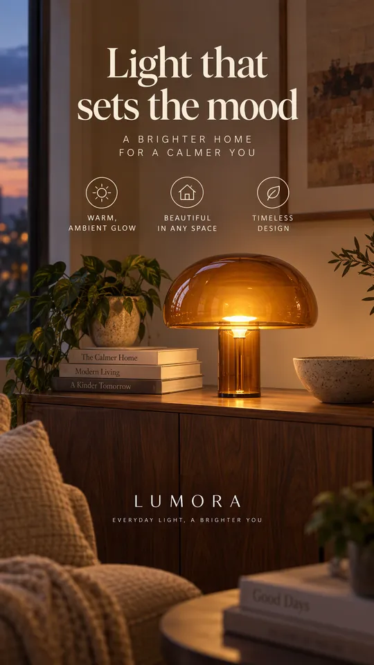 Anuncio lifestyle de una lámpara seta de cristal ámbar encendida sobre un aparador de nogal al atardecer