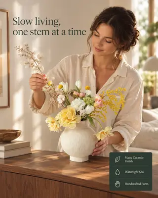 Anuncio lifestyle de una mujer arreglando flores amarillas en un jarrón de cerámica crema, titular Vivir sin prisa, tallo a tallo