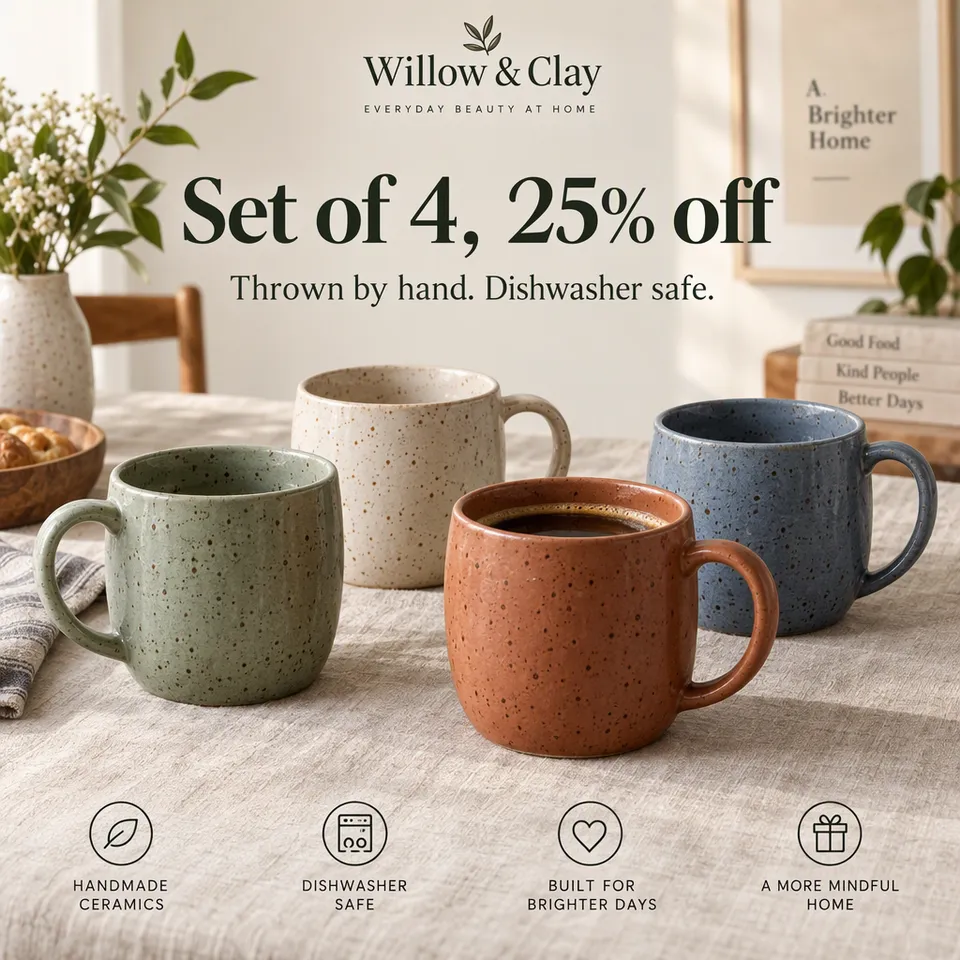 Anuncio de oferta de cuatro tazas de cerámica moteada hechas a mano, titular Set de 4, 25% de descuento