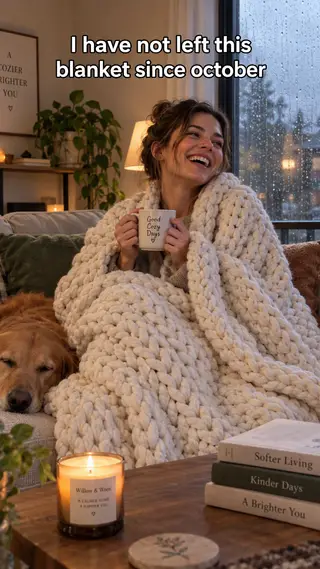 Anuncio UGC de TikTok de una mujer envuelta en una manta de punto grueso en un sofá junto a una ventana con lluvia
