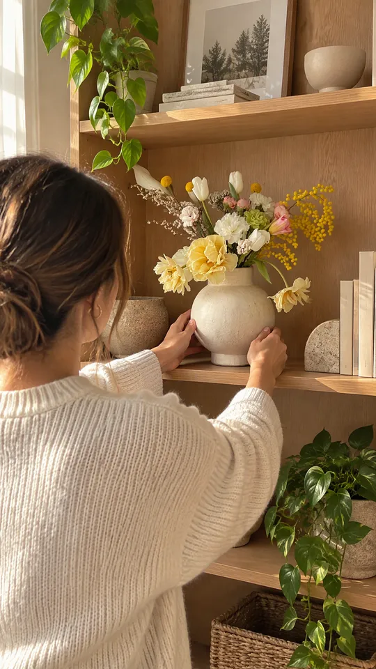 Anuncio UGC de TikTok de una mujer colocando un jarrón crema con flores en una estantería de su casa