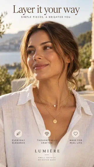 Anuncio lifestyle de una mujer con tres collares finos de oro superpuestos bajo una luz cálida