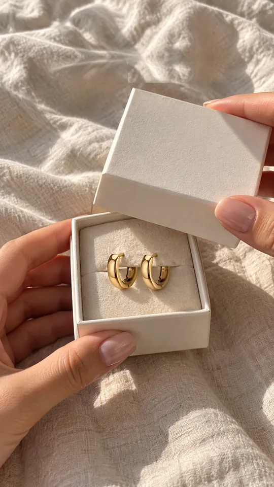 Anuncio de unboxing en TikTok de unas manos abriendo una cajita de aros dorados sobre una cama de lino