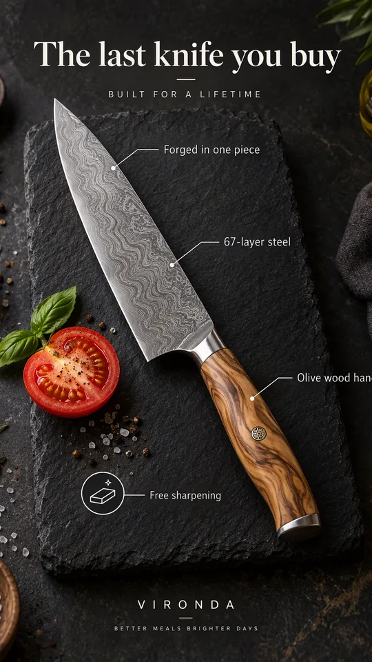 Anuncio con anotaciones de un cuchillo de chef de acero damasco con mango de madera de olivo, titular El último cuchillo que comprarás