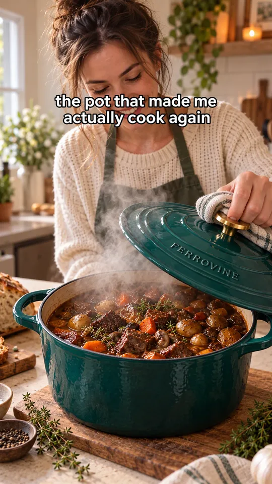 Anuncio UGC de TikTok de alguien cocinando en casa que levanta la tapa de una olla de hierro fundido verde azulado humeante