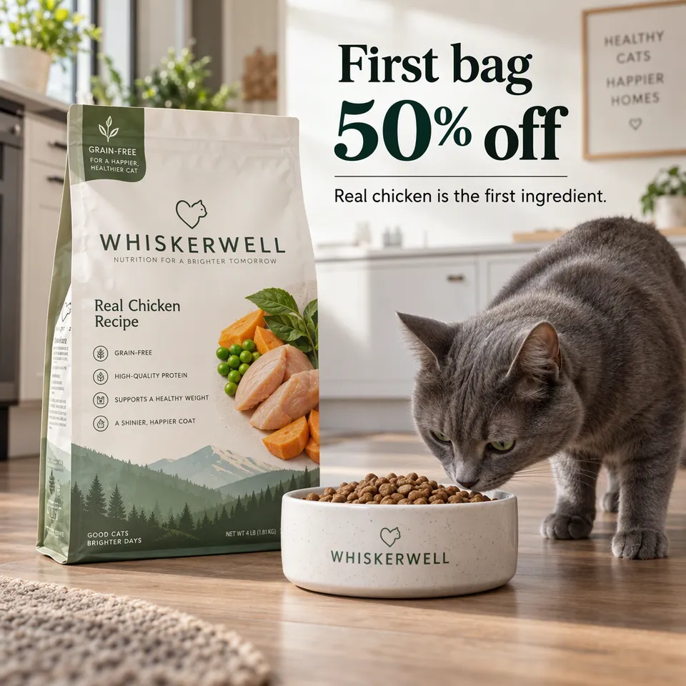 Anuncio de oferta de una bolsa de pienso para gatos sin cereales con un gato gris junto al cuenco, titular Primera bolsa con un 50% de descuento