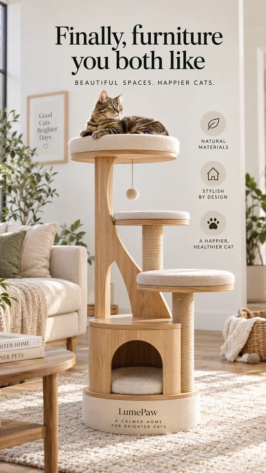 Anuncio lifestyle de un gato atigrado en un rascador de madera moderno en un salón luminoso