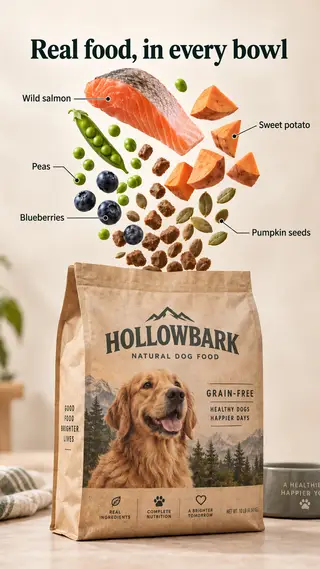 Anuncio de vista despiezada de una bolsa de pienso para perros con salmón, boniato, guisantes, arándanos y pipas de calabaza flotando encima, titular Comida de verdad, en cada cuenco