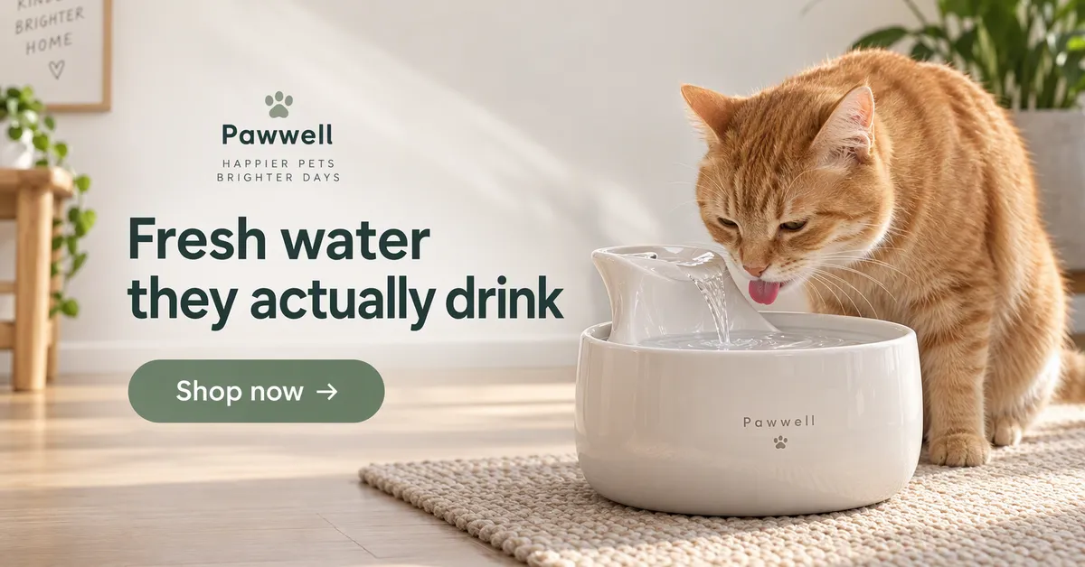 Anuncio de display horizontal de Google de un gato naranja bebiendo de una fuente de agua de cerámica
