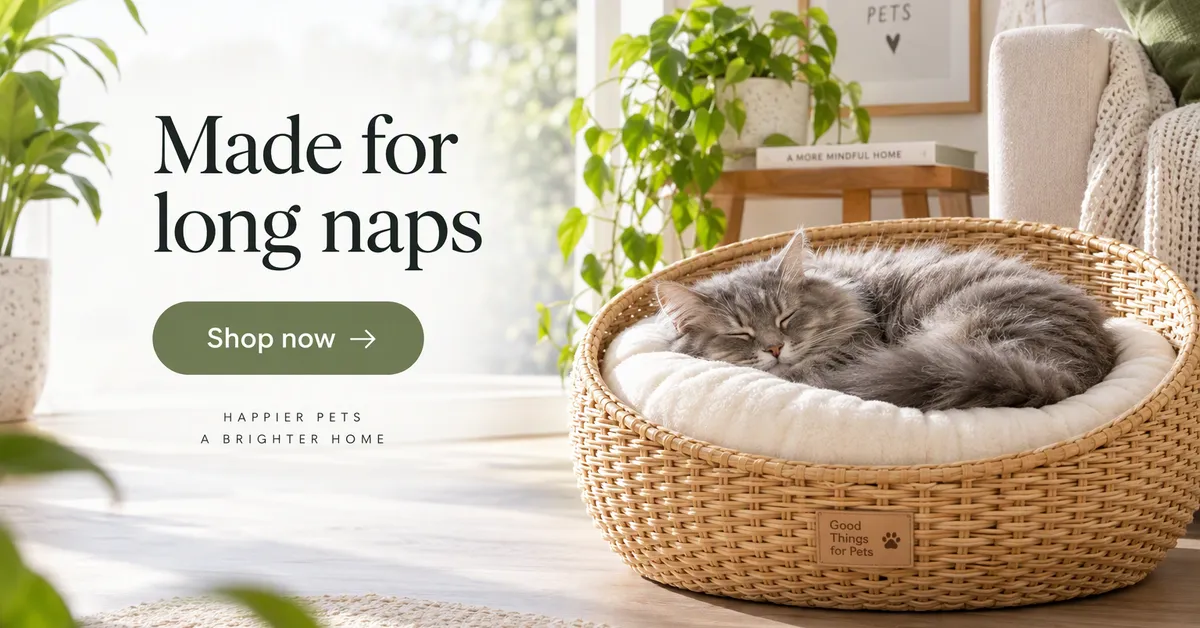 Anuncio de display horizontal de Google de un gato gris dormido en una cama redonda de ratán, titular Hecha para siestas largas