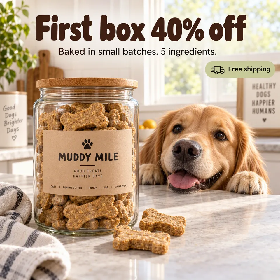 Anuncio de oferta de un bote de premios para perros con un golden retriever apoyando la barbilla en la encimera, titular Primera caja con un 40% de descuento