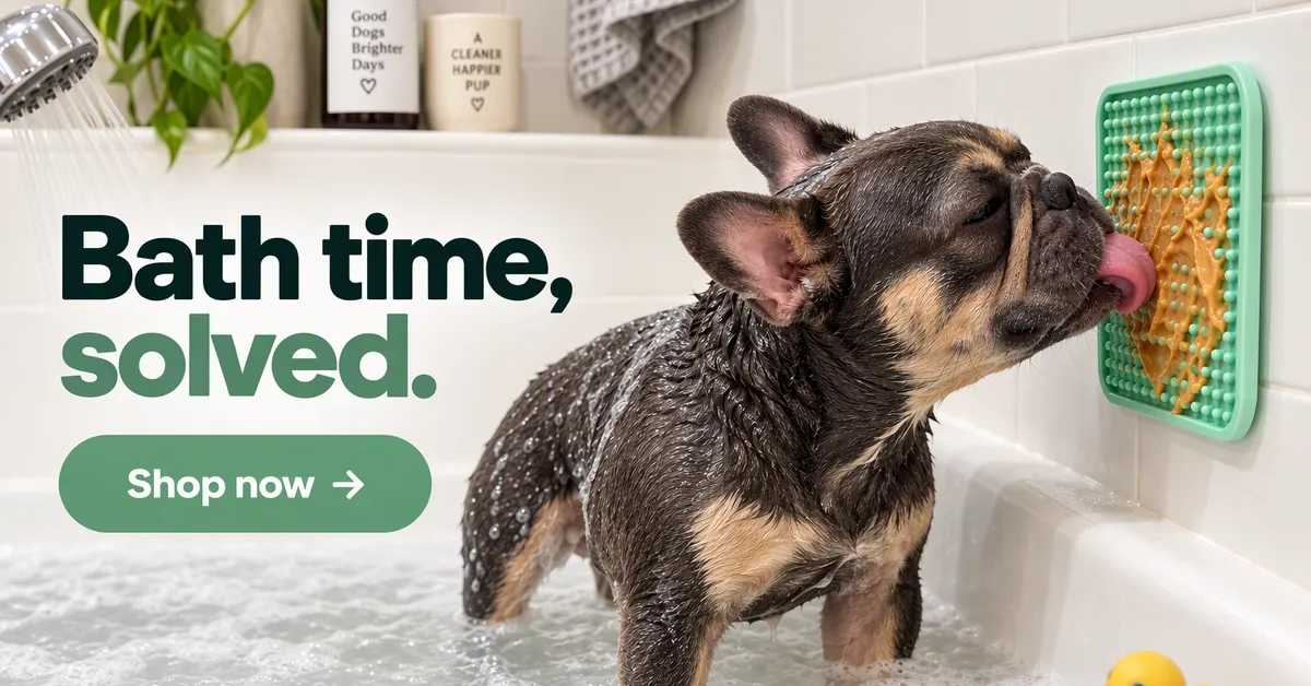 Anuncio de display horizontal de Google de un bulldog francés con una alfombrilla de lamer verde menta, titular La hora del baño, resuelta.
