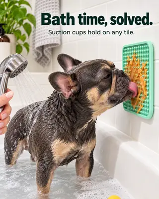 Anuncio de Meta de un bulldog francés lamiendo una alfombrilla de lamer verde menta sobre los azulejos del baño, titular La hora del baño, resuelta.