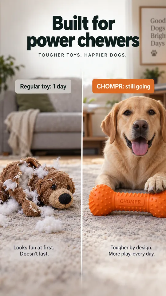 Anuncio comparativo de un peluche para perros destrozado junto a un mordedor de goma intacto