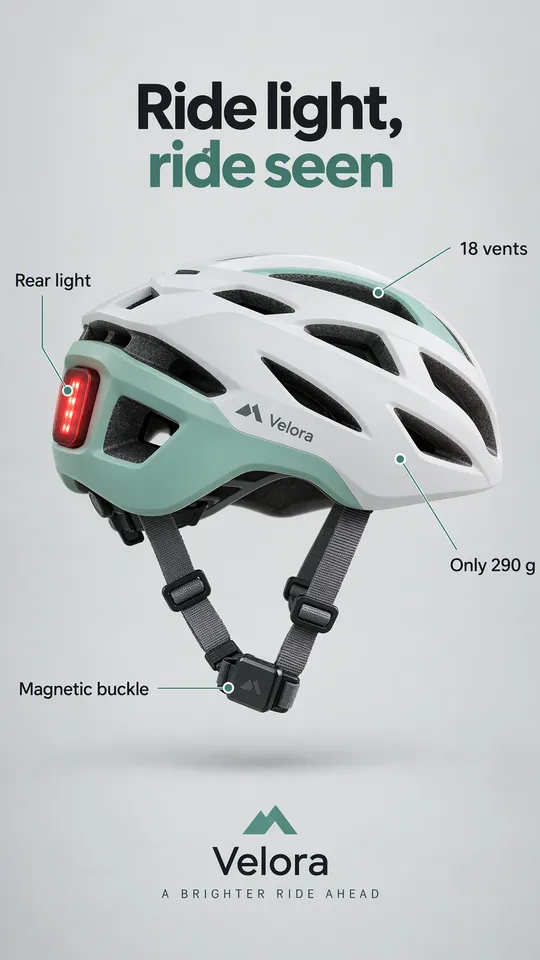 Anuncio con anotaciones de un casco de bici blanco y verde menta, titular Rueda ligero, rueda visible