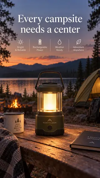 Anuncio lifestyle de un farol de camping encendido sobre una mesa de pícnic en un camping junto a un lago