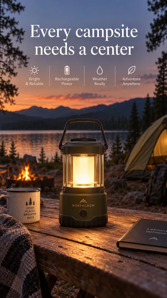 Anuncio lifestyle de un farol de camping encendido sobre una mesa de pícnic en un camping junto a un lago