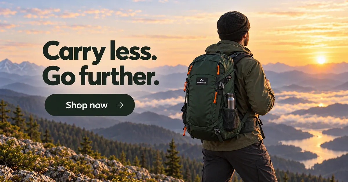 Anuncio de display horizontal de Google de un excursionista con una mochila verde bosque en una cresta al amanecer