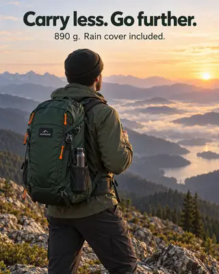 Anuncio lifestyle de un excursionista en una cresta al amanecer con una mochila verde bosque, titular Carga menos. Llega más lejos.