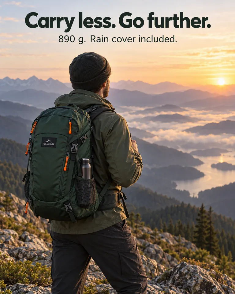 Anuncio lifestyle de un excursionista en una cresta al amanecer con una mochila verde bosque, titular Carga menos. Llega más lejos.