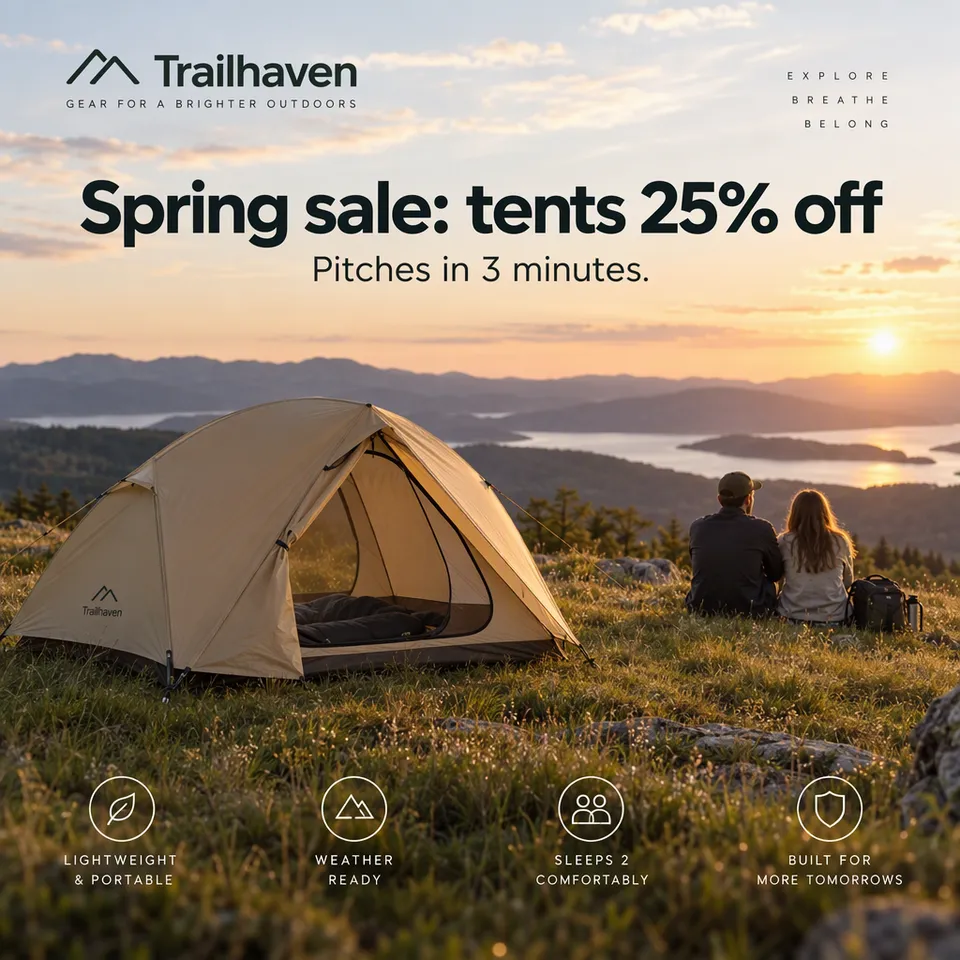 Anuncio de oferta de una tienda de campaña para dos personas color arena en lo alto de una colina a la hora dorada, titular Rebajas de primavera: tiendas con un 25% de descuento