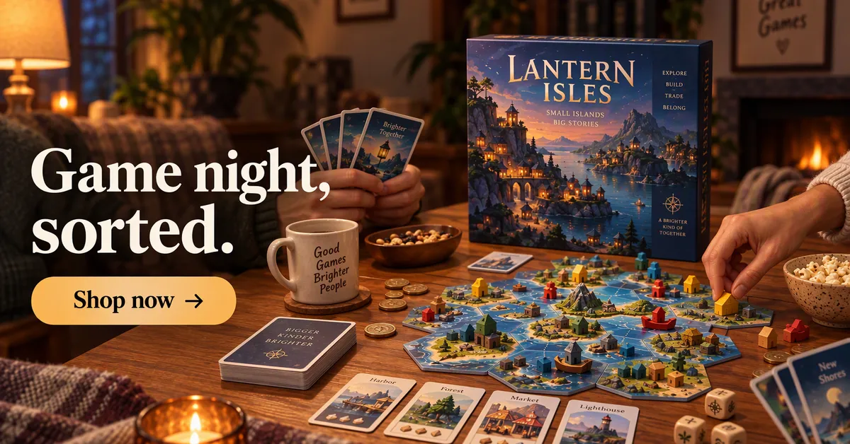 Anuncio de display horizontal de Google de un juego de mesa ilustrado sobre una mesa, titular Noche de juegos, resuelta.