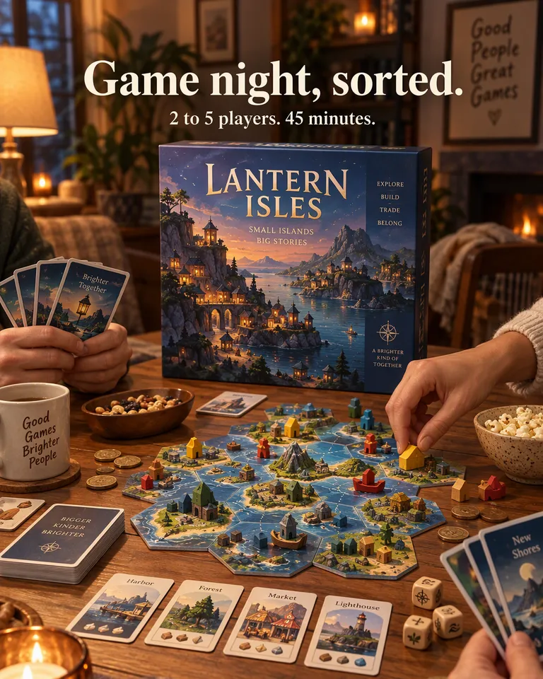 Anuncio lifestyle de un juego de mesa ilustrado sobre una mesa en la noche de juegos, titular Noche de juegos, resuelta.