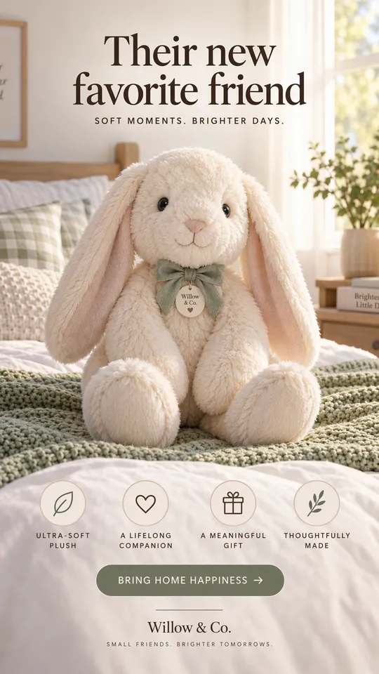 Anuncio lifestyle de un conejito de peluche crema con orejas caídas sentado sobre una cama hecha