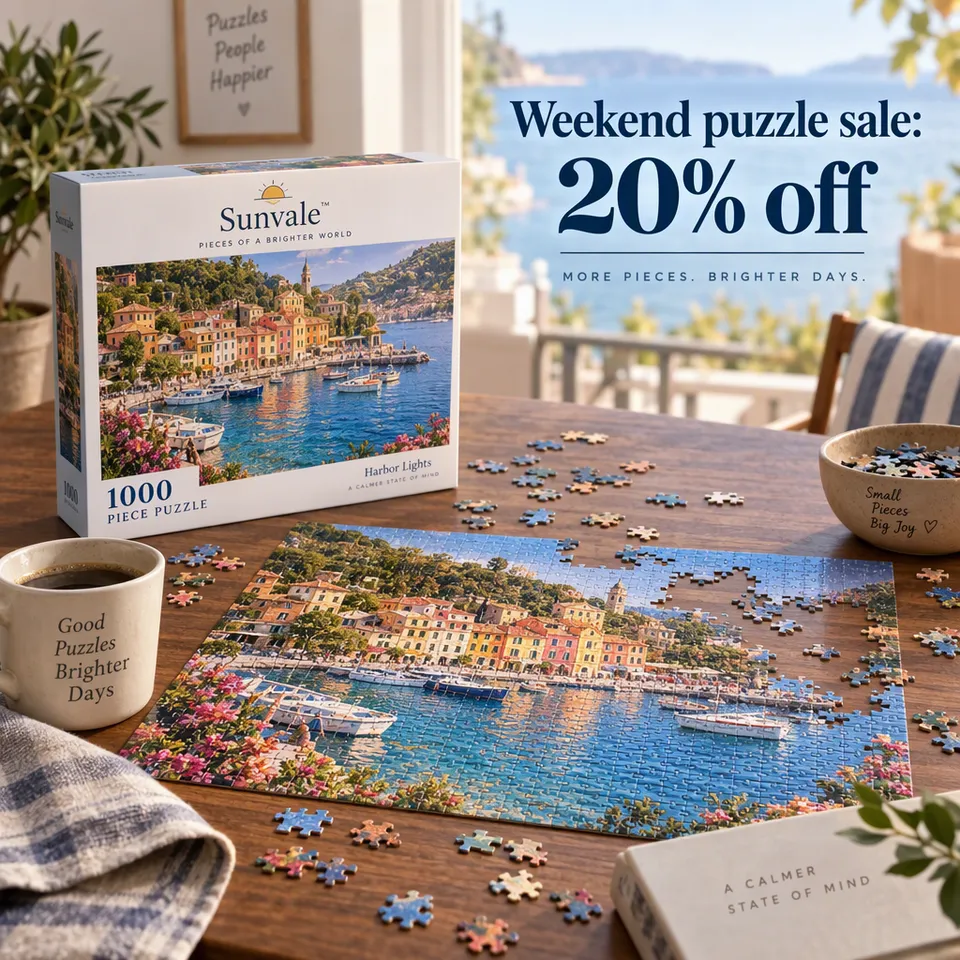 Anuncio de oferta de un puzle de un puerto a medio hacer, titular Rebajas de puzles de fin de semana: 20% de descuento