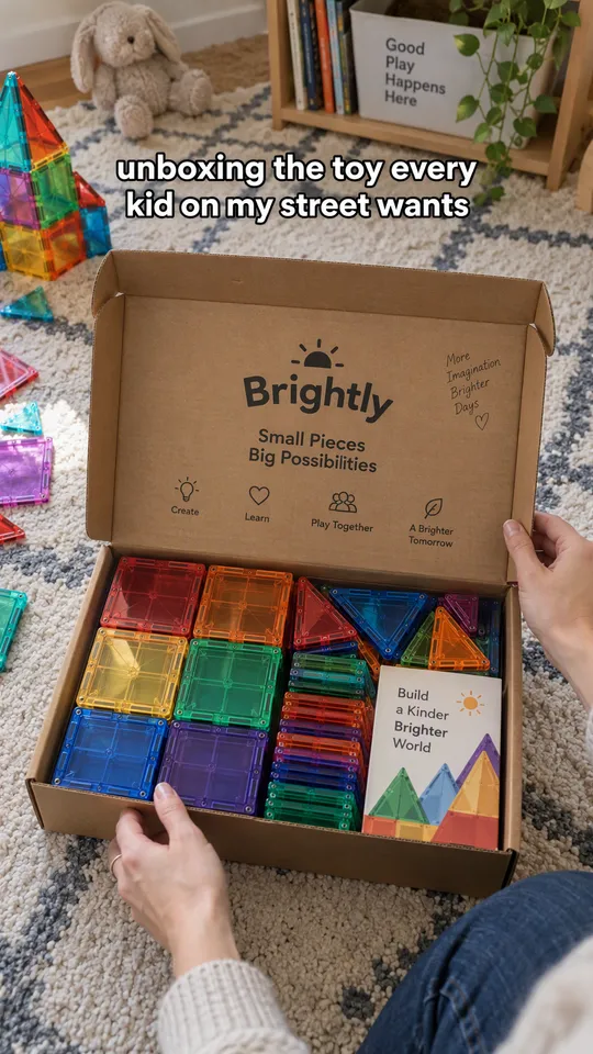 Anuncio de unboxing en TikTok de unas manos abriendo una caja de piezas magnéticas de construcción de colores