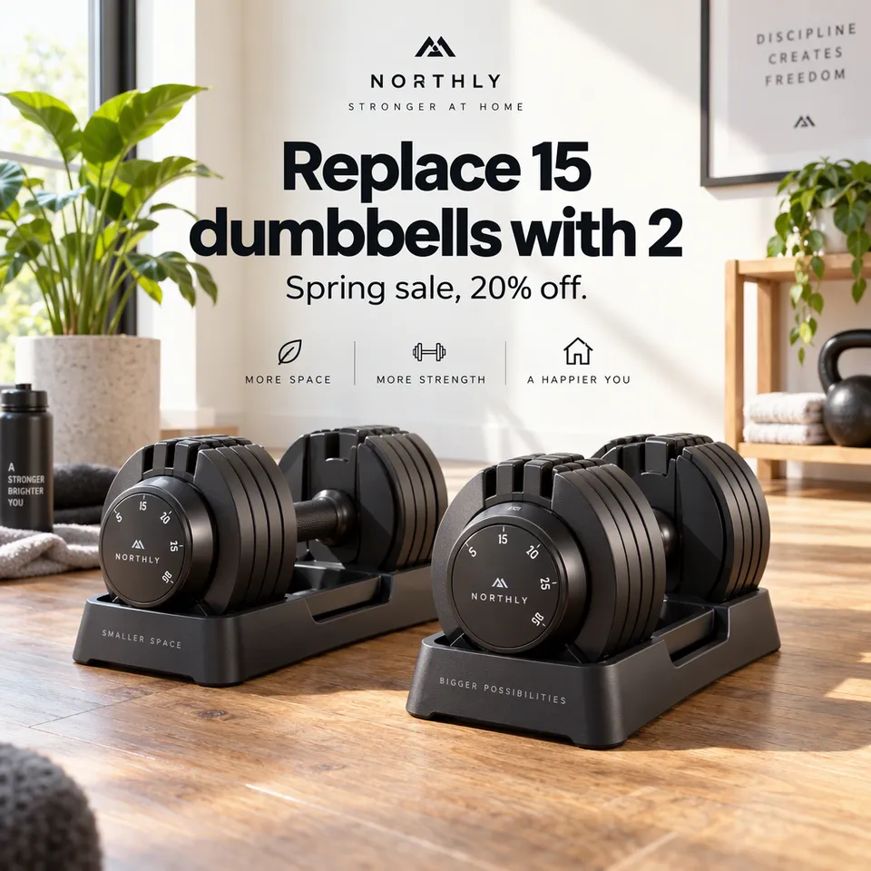 Anuncio de oferta de mancuernas ajustables en un gimnasio en casa luminoso, titular Sustituye 15 mancuernas por 2