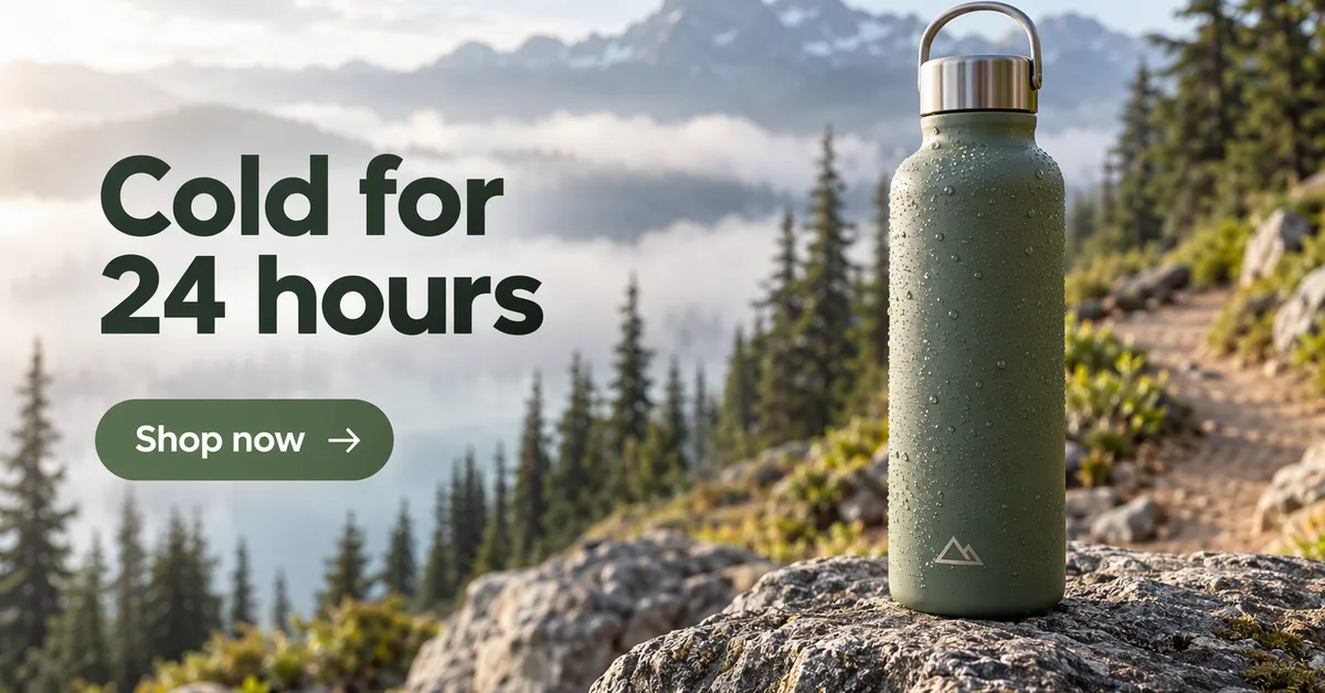 Anuncio de display horizontal de Google de una botella de acero verde salvia sobre una roca junto a un sendero de montaña, titular Fría durante 24 horas