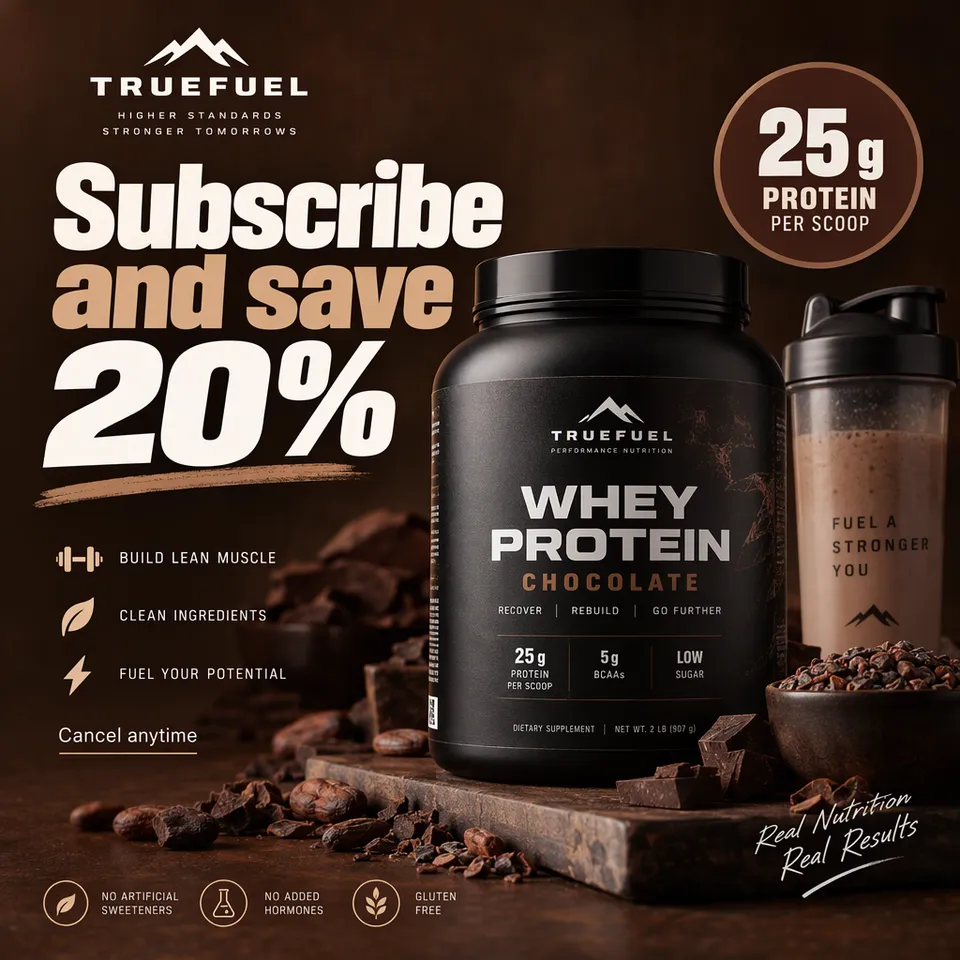 Anuncio de oferta de un bote de proteína whey de chocolate, titular Suscríbete y ahorra un 20%