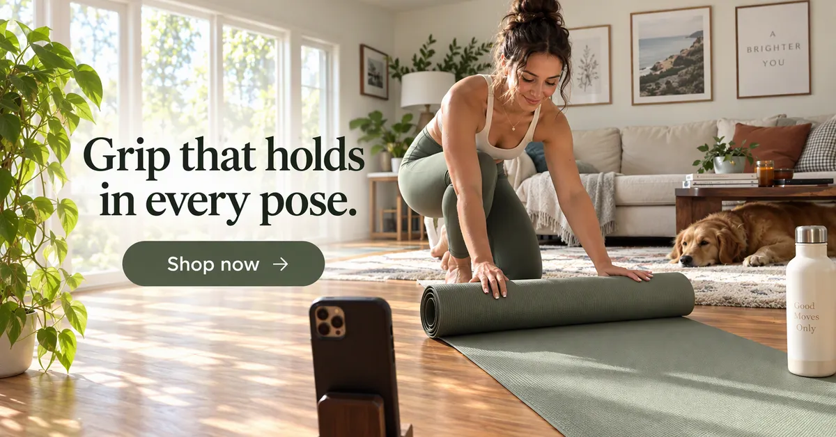 Anuncio de display horizontal de Google de una esterilla de yoga verde salvia en un salón luminoso, titular Agarre que aguanta en cada postura.