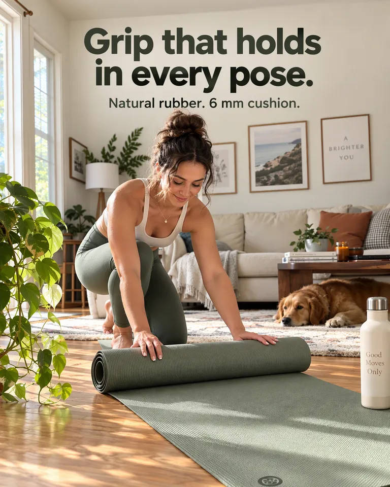 Anuncio de Meta de una mujer en zancada baja sobre una esterilla de yoga verde salvia en casa, titular Agarre que aguanta en cada postura.