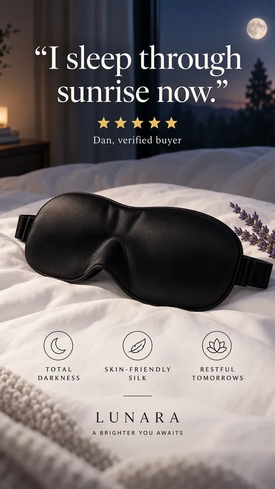 Anuncio de reseña de un antifaz de seda negro sobre ropa de cama blanca, con una cita de cinco estrellas
