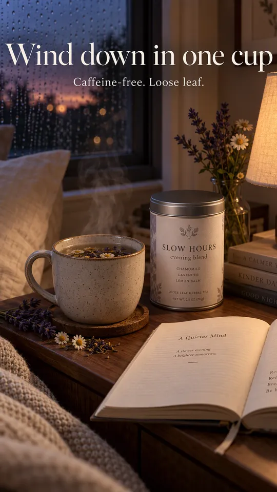 Anuncio lifestyle de una taza humeante de infusión en una mesilla de noche al atardecer, titular Desconecta en una taza
