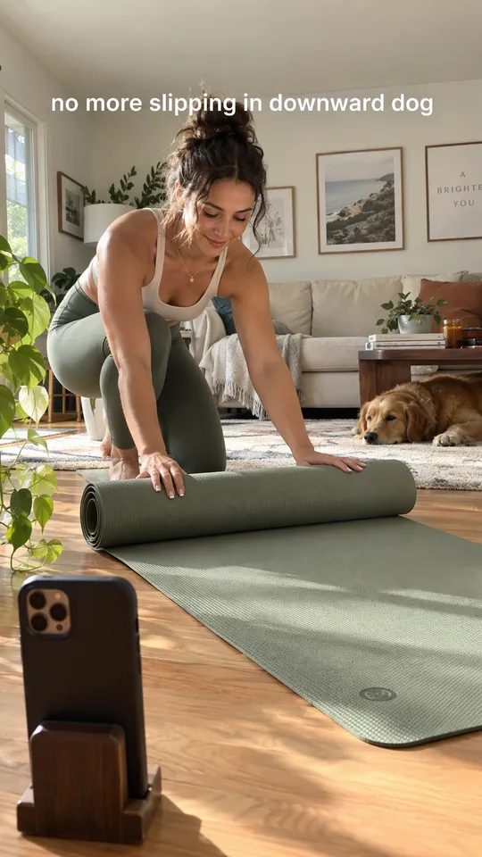 Anuncio UGC de TikTok de una mujer desenrollando una esterilla de yoga verde salvia en casa, con el texto se acabó resbalar en el perro boca abajo