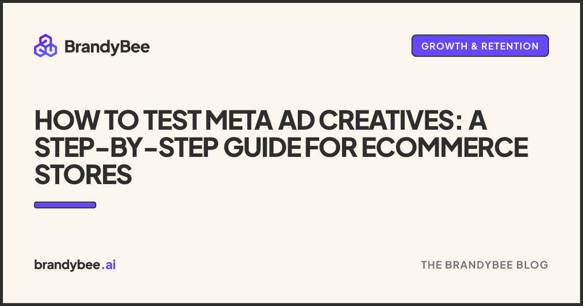 How to Test Meta Ad Creatives: A Step-by-Step Guide for Ecommerce Stores. A BrandyBee card.