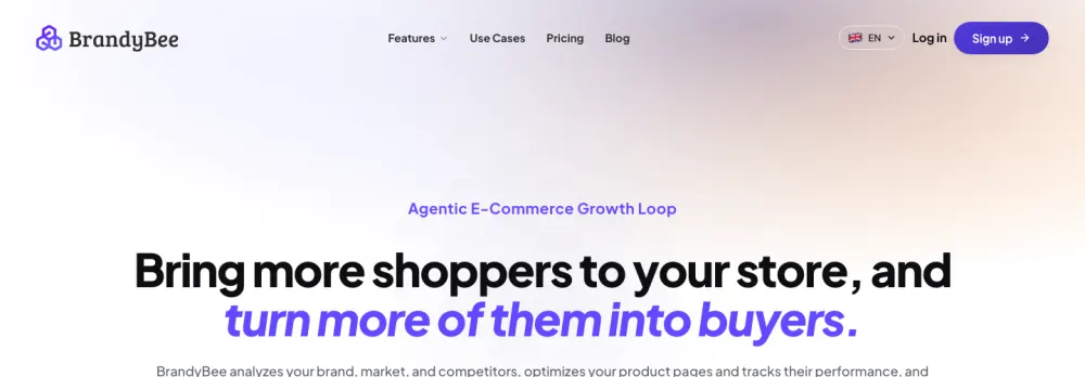 BrandyBee homepage describing an agentic ecommerce growth loop that analyses your brand, market and competitors
