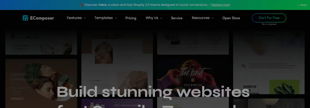 EComposer homepage showing a grid of Shopify storefronts built with its drag and drop page builder