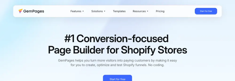 GemPages homepage positioning the app as a conversion-focused page builder for Shopify stores