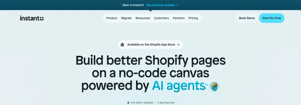 Instant homepage showing its no-code Shopify page canvas powered by AI agents