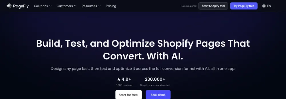 PageFly homepage promoting its Shopify page builder with AI testing and optimisation, showing a 4.9 star rating from 5,600 reviews