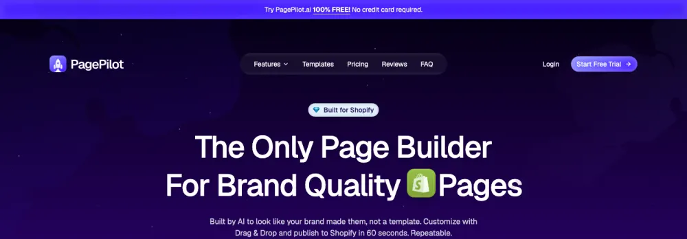 PagePilot homepage advertising AI-built Shopify product pages published in 60 seconds