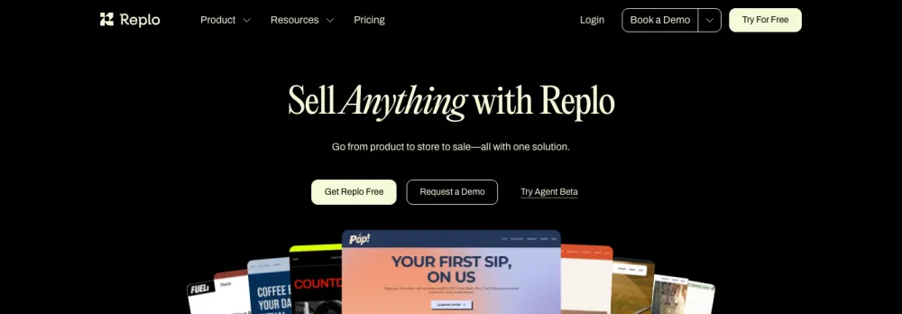 Replo homepage showing a fan of Shopify landing pages built with the tool