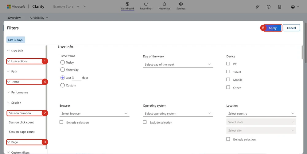 Microsoft Clarity Filters panel with red callout boxes on User actions, Session duration, Page, Traffic, and the Apply button