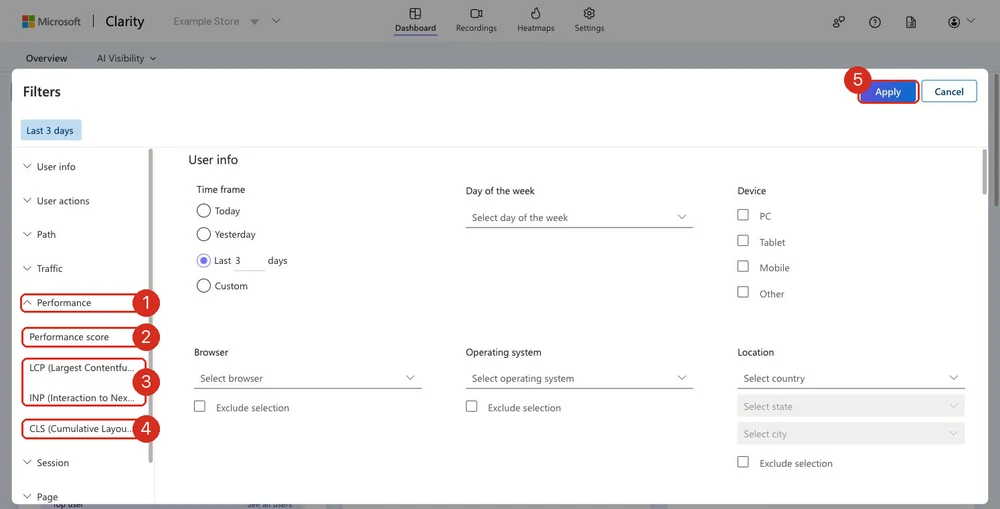 Microsoft Clarity Filters panel with the Performance group expanded, with red callout boxes on Performance score, LCP, INP and CLS, and the Apply button